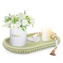 HPC Decor 15in Oval Tray for Home Decor - Green Wood Beaded Tray - Decorative Serving Tray,Rustic Farmhouse Wooden Trays for Vintage Centerpiece,Kitchen Counter,Living Room Decor,Coffee Table Decor.