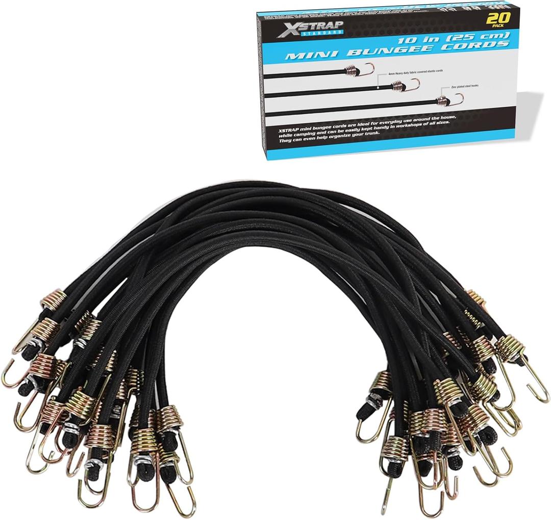XSTRAP STANDARD 10-Inch Mini Bungee Cords 20 Pieces Rubber Stretchy Bungee Cords with Steel Hooks for Tarp Covers, Canvas Canopies, Motorcycle, Cargo, Hang Christmas Ornaments (Black)