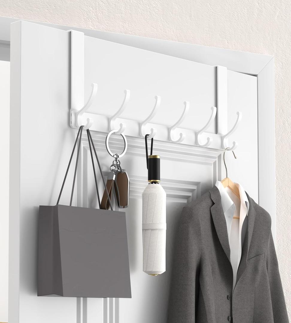 KitchLife Over The Door Hooks Hanger with 7 inches Extended Arms, Fits 1 3/8" Doors, F18U, Bathroom Towel Rack Organization, Thickened 6-Double Hook, Glossy White