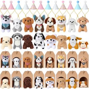 Patelai Mini Plush Dog Toy Bulk Stuffed Animals Set Plush Assorted Soft Small Puppy with Birthday Hats Kraft Paper Boxes for Animal Theme Birthday Party Gift