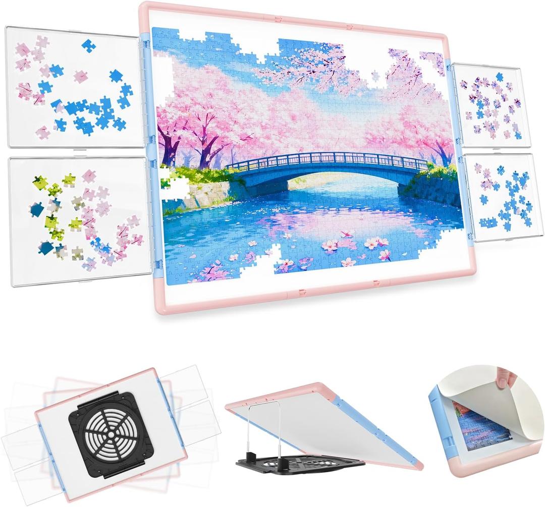1500 Pieces Puzzle Board 3-in-1 Double-Sided & Rotating & Tilting, Plastic Puzzle Table with Sorting Boxes and PVC Cover, Portable Lazy Susan Jigsaw Puzzle Board for Adults, Blue Pink, Medium-1500pcs