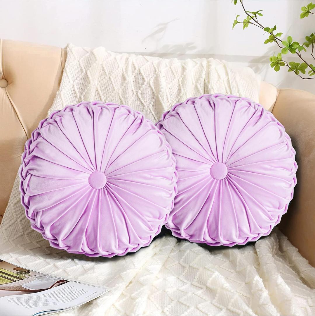 HIG Set of 2 Decorative Round Pleated Throw Pillows,Classy Accent Pumpkin Throw Pillows with Center Button,Vintage Velvet Floor Pillows for Sofa Vanity Chair Bed,Light Purple,14.5" Diameter(Ripple)