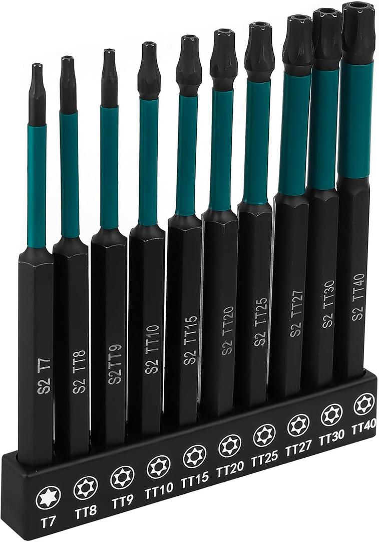 10-Piece Impact Security Torx Bit Set, 100mm Long S2 Steel Star Driver Kit (T7-T40), Mixed Solid & Tamper-Proof Bits with 1/4" Hex Shank, Magnetic High-Torque Bits for Auto & Electronics