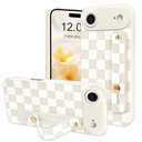 NITITOP Compatible for iPhone 17 Air Case with Wrist Strap Kickstand Cute Trendy Checkerboard Plaid for Women Girls Slim Fit TPU Shockproof Full Camera Protective Cover - White