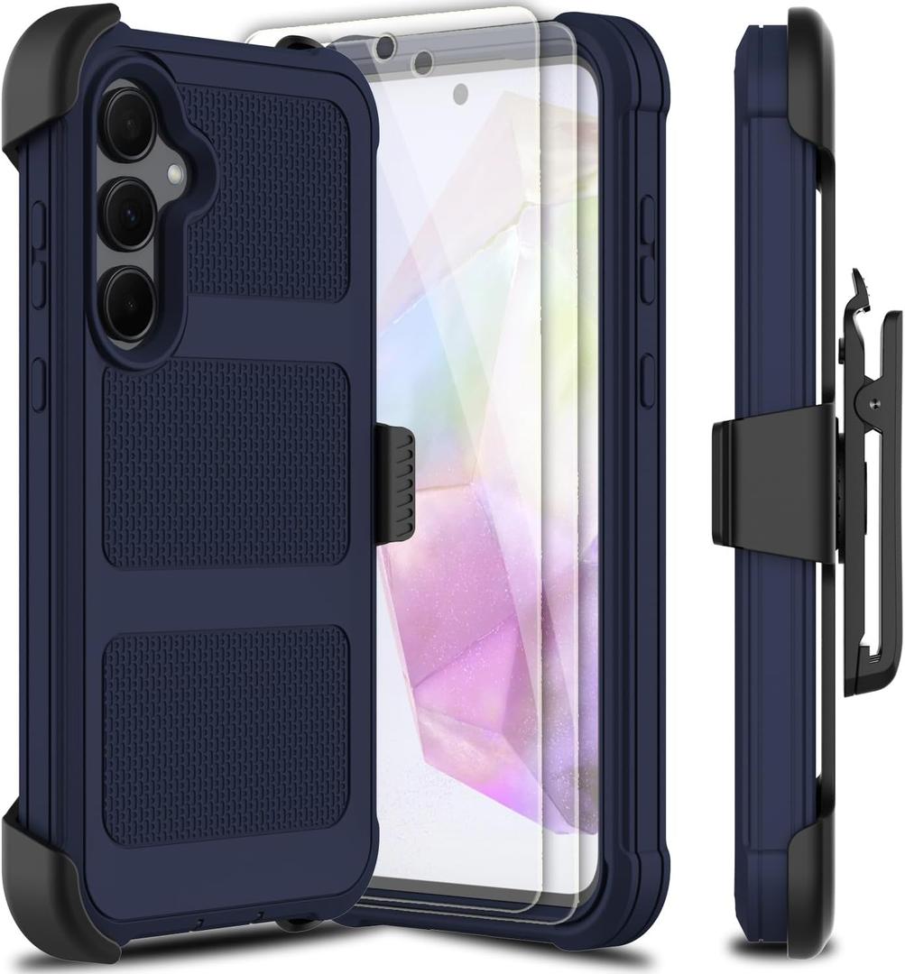 for Samsung Galaxy A35 5G Case with 2 Pack Tempered Glass Screen Protector, [Holster Series] Belt Clip Hard Tough Heavy Duty Rugged Shockproof Protective Cell Phone Case (Dark Blue)