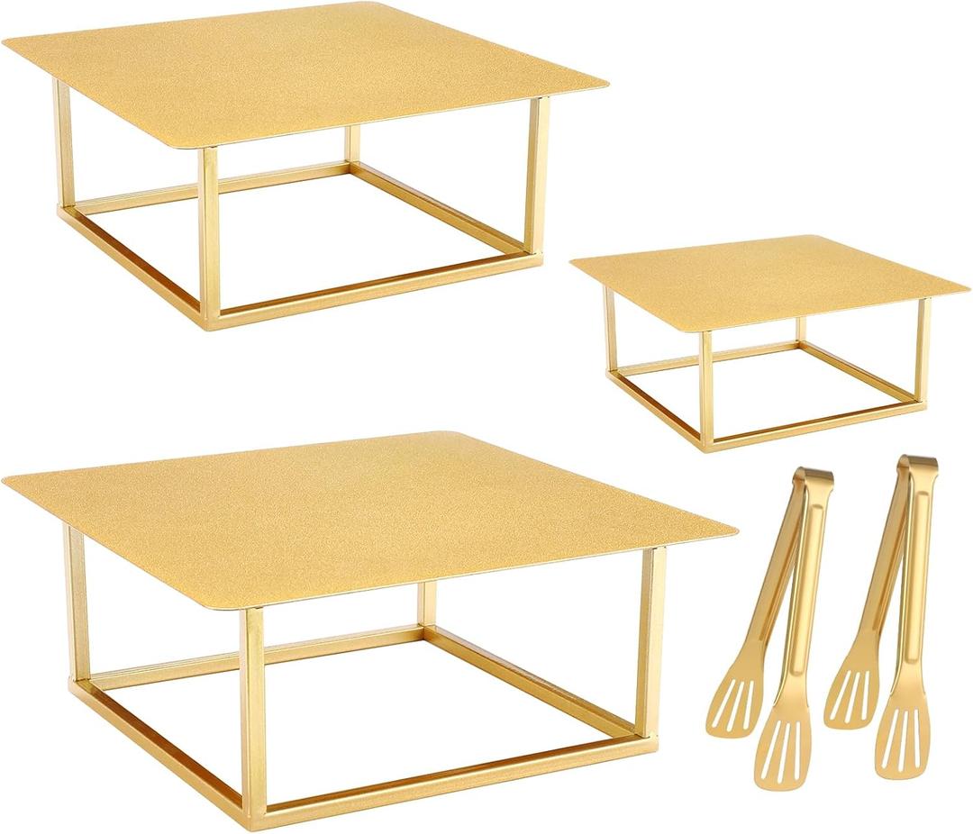 Dualshine 3 Pcs Square Gold Cake Stand Set, 8" 10" 12" Elegant Wedding Cake Stands & Dessert Table Display - Perfect for Birthday, Wedding Reception & Party Decor - Includes 2 Gold Tongs (Metal)