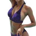 Women's Mid Rise Bikini Suit Halter Neck V Tie Push Up Front Classic Polka Dot Two Swimsuit (Blue, XL)