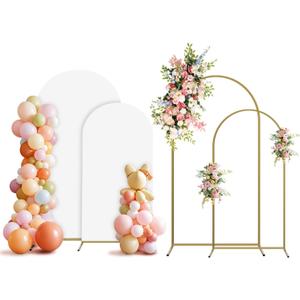 Holldoor Arch Backdrop Stand and Cover Set, 2 Metal Balloon Arch Backdrop 7.2ft 6ft, Gold Arched Stand Frame for Wedding, Parties,Birthday,Decorations (White,7.2ft+6ft)