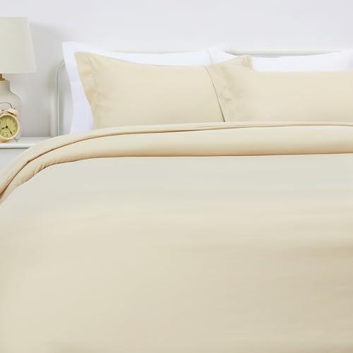 Amazon Basics Lightweight Microfiber 3-Piece Duvet Cover Set with Zipper Closure, Full/Queen, Beige, Solid