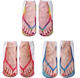 Ryshman 3D Manicure Print Funny Flip Flop Socks Low Cut Ankle Silly Sandal Socks for Women- A Gag Gift(One Size, Red,Blue,Golden, 3 Pairs)