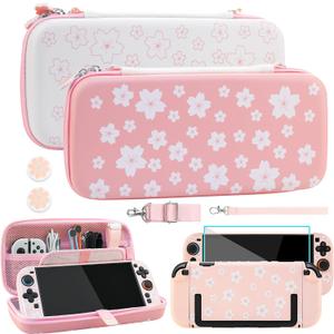 RHOTALL Cherry Blossom Carrying Case for Nintendo Switch 2,Cute Sakura Protective Travel Case,Pink White Flower Dockable Shell Cover for Switch 2,Screen Protector,Shoulder Strap,2 Thumb Caps-Girls