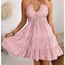 SOLY HUX Women's Summer Mini Dress Halter Backless Sleeveless A Line Ruffle Hem Flowy Cami Dresses Sundress Pure Light Pink XX-Large