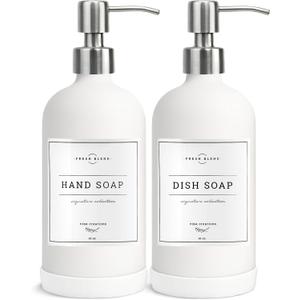 Vine Creations White Glass Soap Dispenser, 2 Pack Kitchen Soap Dispenser Set with Stainless Steel Pump, 16 oz Dish Soap and Hand Soap Dispensers for Bathroom with Waterproof Labels