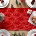 Christmas Trees Table Runner Red 13 x 72 Inch Christmas Stars Soft Plush Faux Fur Jacquard Embroidery Table Runner Xmas Holiday Decoration for Home Kitchen Dining Party Decor