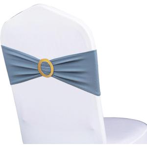 Pack of 50 Spandex Dusty Blue Chair Sashes with Gold Buckles, Stretch Chairs Bands Bows for Wedding Birthday Party Baby Shower Christmas Events Decorations (Dusty Blue Sashes, Gold Buckles)