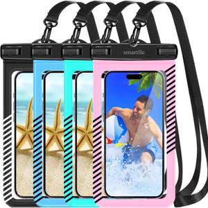 Waterproof Phone Pouches Bags Holder, Cell Phone Water Protectors 4 Pack for Swimming, IPX8 Waterproof Phone case Cover for iPhone 15 14 13 Pro Max 12 11, for Galaxy S24 S23 Ultra Up to 7" (Black+Light Blue+Cyan-Pink-C)