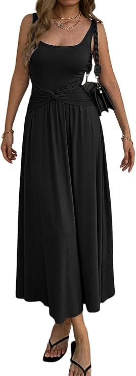 Mieazom Women's Summer Mock Knot Front Maxi Dress Sleeveless Square Neck Corset Ruched Waist Emipre Flowly Casual Dresses, Small, Black
