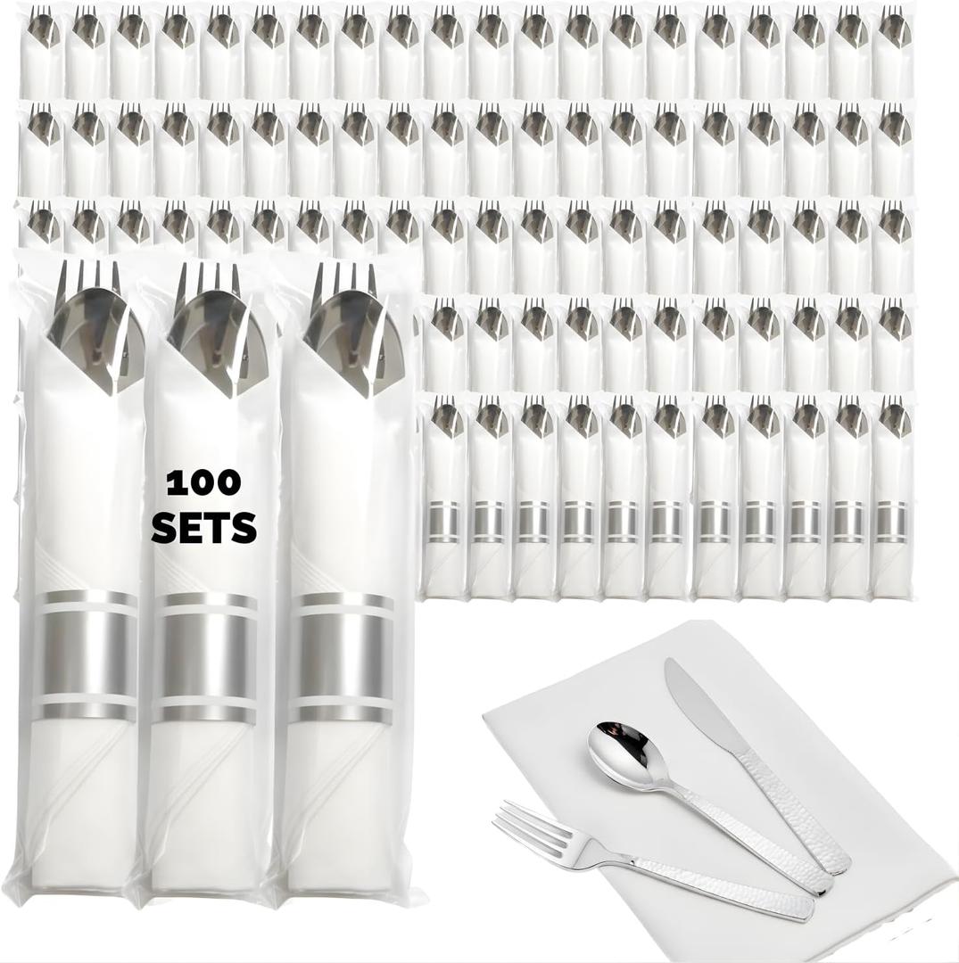 Individually Wrapped Plastic Silverware Sets, Plastic Spoon, Fork, Knife & Napkin (100 Each), 400 Pc Disposable Silverware Set Rolled Cutlery With Napkin, Disposable Decorative Silverwares (Silver)