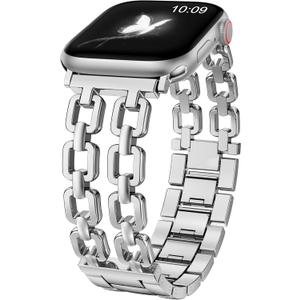 Wearlizer Compatible with Apple Watch Bands Women, Dressy Fancy Metal Chain Pretty Strap Designer Gold Silver Link Bracelet for iWatch Ultra SE Series Silver, 49/46/45/44/42mm(Series 3)
