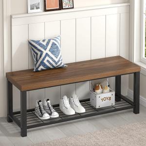 Shoe Bench, Modern Wood and Metal Storage Bench for Entryway Hallway, Industrial Indoor Bedroom Bench Seat for Living Room, Mudroom, Rustic Walnut, 47 Inch