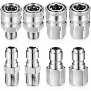 Xosjska Pressure Washer Quick Connect 3/8 Inch, Stainless Steel External Male and Female Quick Connector Kit, Stainless Steel Adapter Set, Female and Male NPT Thread, 4 Pcs