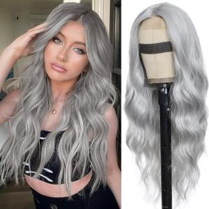 Gray Wig for Women, Long Grey Wavy Wig Middle Part 26 Inch Grey Wigs Heat Resistant Synthetic Wigs for Daily Party Use