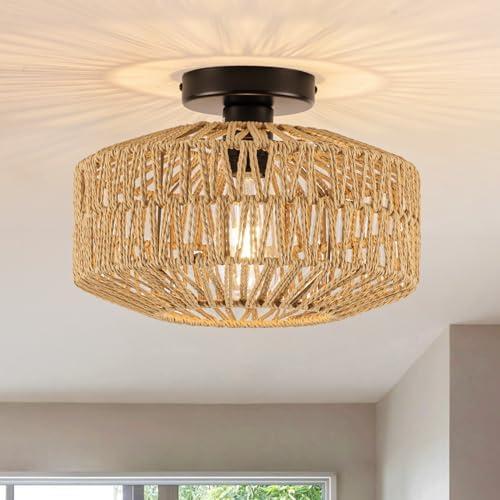 MAYNA 11.8" Rattan Ceiling Light Fixture, Hand-Woven Boho Light Fixtures Ceiling Mount, Mini Rattan Chandelier Light Fixture for Farmhouse Hallway Bedroom Kitchen Entryway, Bulb NOT Included