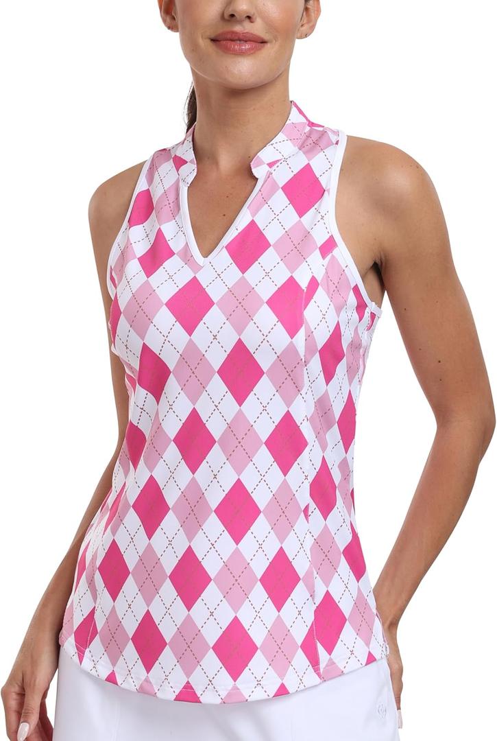 MoFiz Women Racerback Sleeveless Golf Polo Shirt V-Neck Collarless Tennis Running Tank Tops Quick Dry Athletic Casual (Medium, A-pink Plaid)
