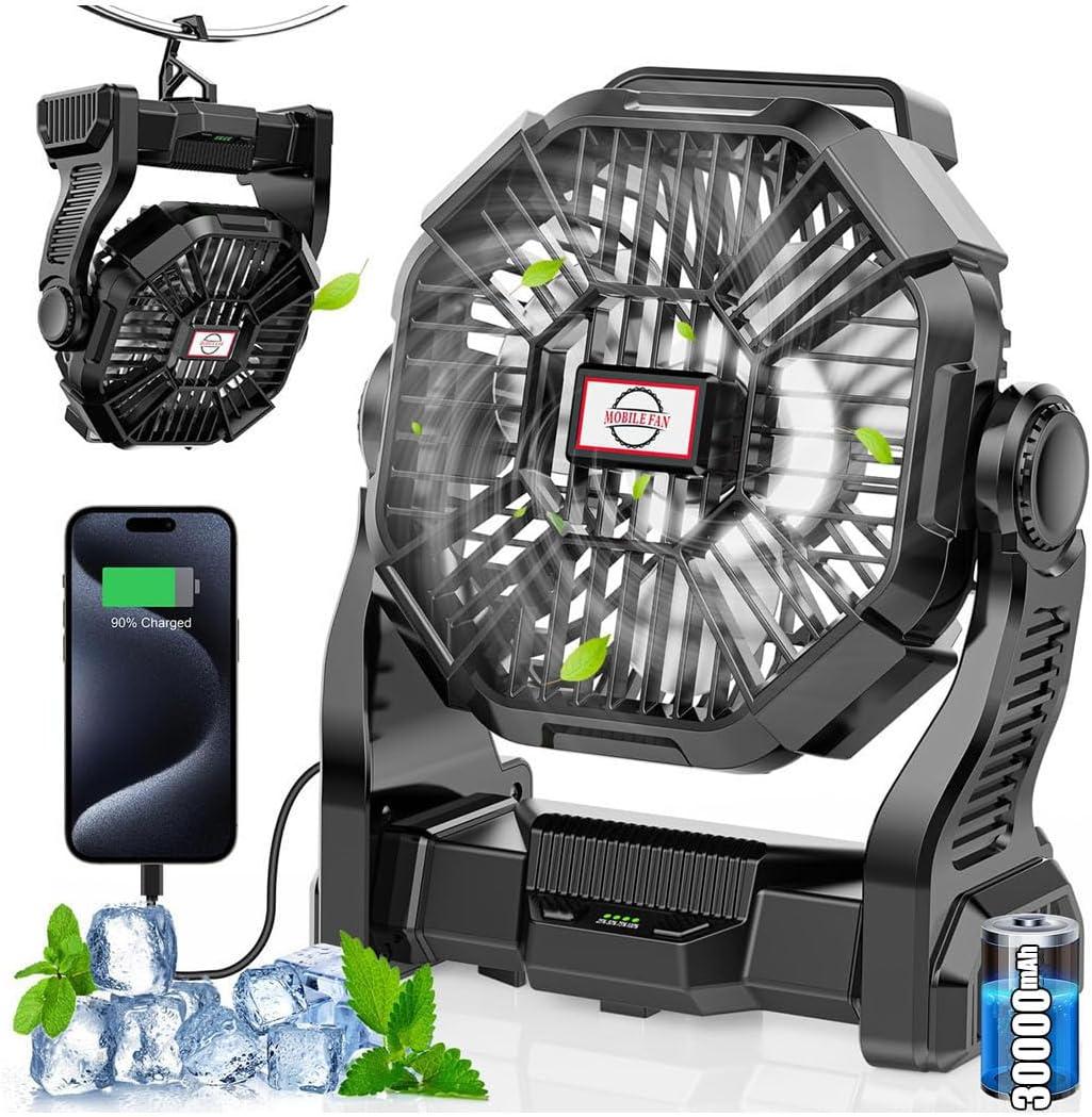 30000mAh Rechargeable Camping Fan with LED Lantern,Portable Battery Powered Outdoor Fan for Bedroom,Camping,Travel,Hiking,Beach,Office,Trave Accessories(Black)