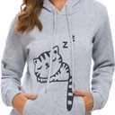 Women Teen Girls Hoodie Sweatshirt With Cute Cat Ear and Sleeping Cat Printed Pullover (Gray, M)