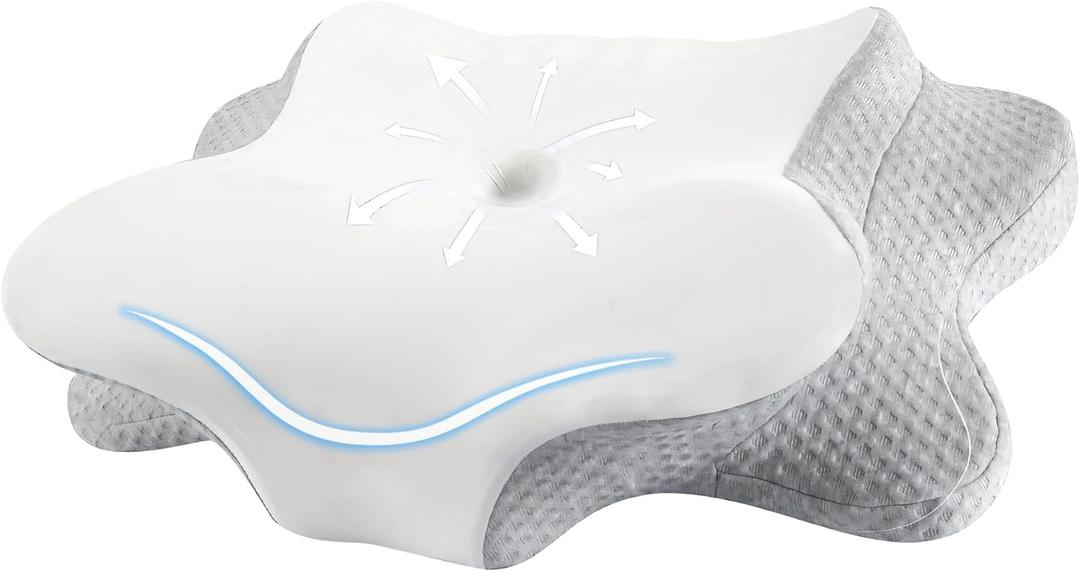 Cervical Neck Pillow for Sleeping, Dual Height Contour Memory Foam Pillow for Neck Pain Relief & Support, Orthopedic Butterfly Pillow for Side, Back & Stomach Sleepers  Cooling Washable Cover (Grey White)