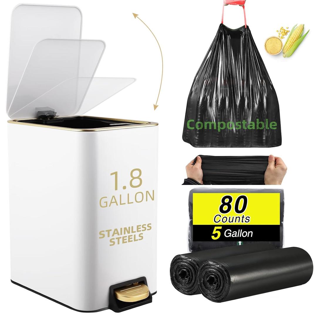 XLHOMO Small Bathroom Trash Can with Lid Soft Close, 1.8 Gallon Stainless Steel Garbage Can with Removable Inner Bucket,75Count Trash Bags, Slim Step Pedal Trash Bins