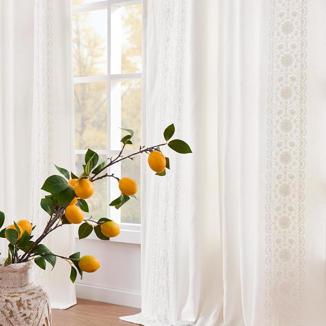 Jinchan Weslie White Linen Curtains for Bedroom Vintage Floral Farmhouse Curtains 90 Inches Long Boho Lined Linen Drapes for Living Room Embroidered Drapes Off White 2 Panels