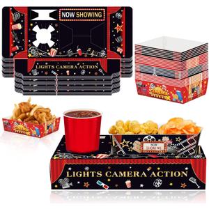 48PCS Movie Night Party Supplies, 24 Snack Tray Boxes & 24 Small Food Trays Disposable Movie Night Snack Trays Popcorn Food Drink Holder for Cinema Movie Birthday Party