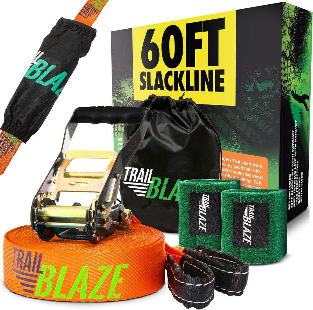 Complete Slackline Kit with Training Line - 60ft Slack Lines for Backyard for Kids and Adults, Wider Tree Protectors - Ninja Slackline Kit for Kids Outdoor Play Equipment (Essential Kit - Orange)