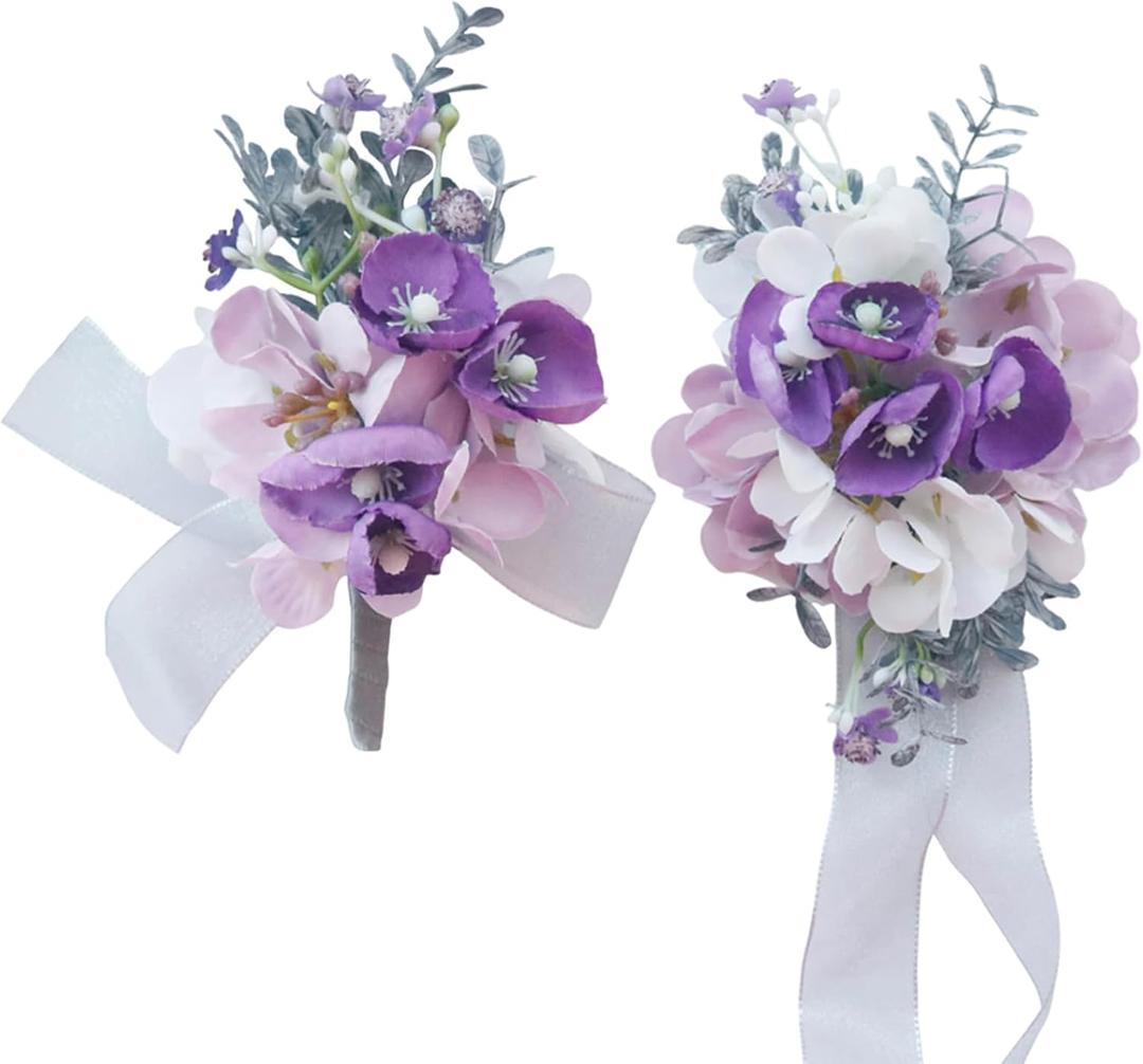 MAFELOE Boutonniere Corsage Set, Artificial Flowers Accessories for Wedding Prom Party Homecoming Celebration Suit Decorations-2 Pieces Purple+Pink+White