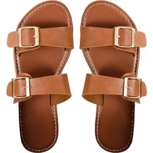 Verdusa Women's Buckle Sandals Summer Slides Open Toe Beach Outdoor Sandal Shoes (6.5, Brown)