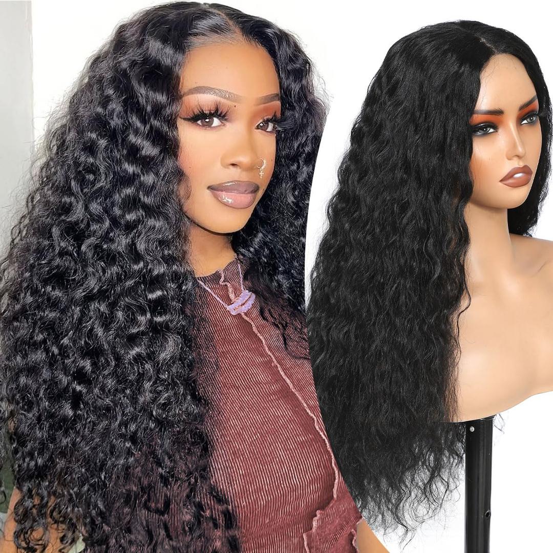 26 Inch Black Synthetic Lace Front Wig,100 Protein Silk Deep Water Wave Lace Front Wig,Curly Glueless Wigs For Black Women,Hair Replacement Wigs Perfect for Daily & Party Use (Black)