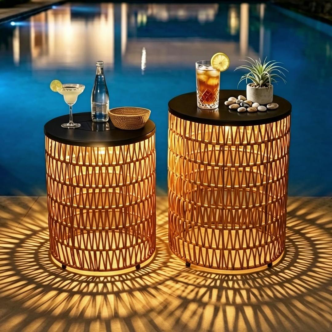 HMVPL Solar Outdoor Side Table for Patio, Round Patio Side Table for Outside, Outdoor End Table Set of 2 with Dimmable Light, Plastic Rattan Accent Table for Poolside Backyard Gazebo, Dusk to Dawn, 13.8" x 19"