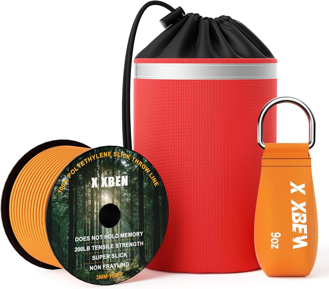 XBEN Arborist Throw Line Kit  150ft Slick Rope & 9/11/15oz Throw Weight  Reflective Storage Bag  for Tree Climbing, Trimming, Camping  High/Low Limb Rigging  200LB Tensile Strength