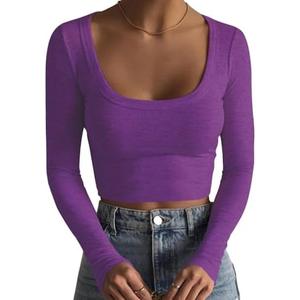 Artfish Women's Square Neck Long Sleeve Ribbed Slim Fitted Casual Basic Crop Top, S