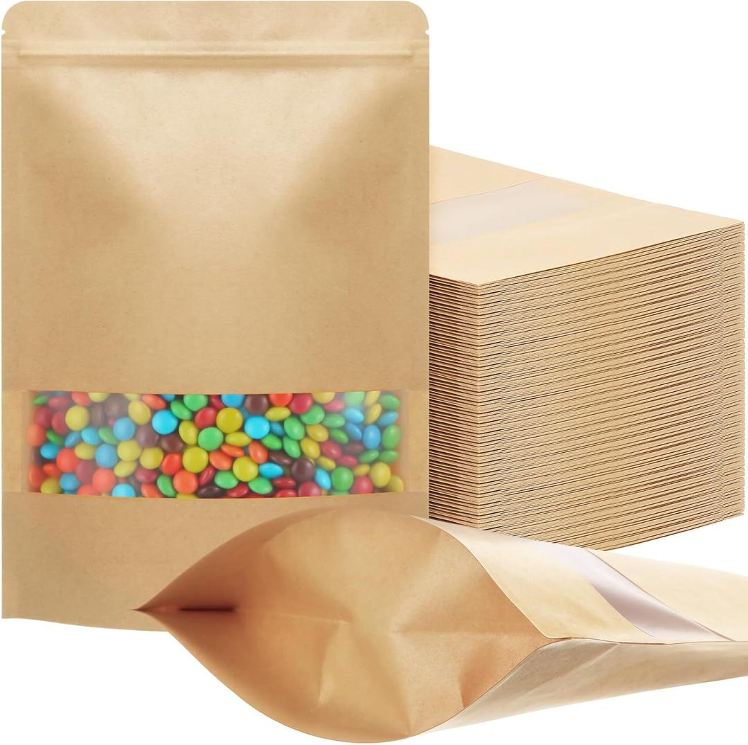 Geosar 300 Pcs Stand up Kraft Pouches with Window 7 x 10 Inch Kraft Paper Sealable Pouches with Notch Heat Sealable Resealable Bags for Small Business, Zipper Food Storage for Packaging, Snacks