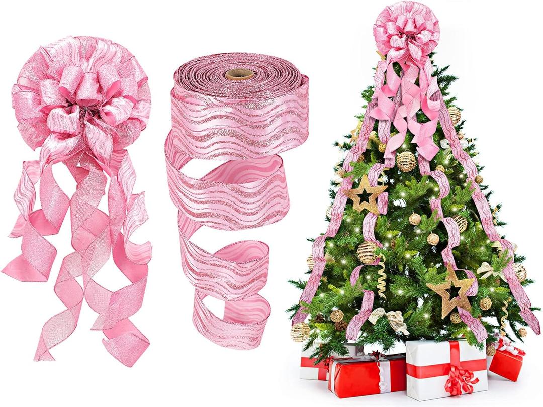 Geosar Christmas Tree Topper Christmas Wreath Bow 12 x 34 Inch with Glitter Streamer Hanging Xmas Large Bow Decorative Ribbon Bows for Xmas Wreath Door Festival Home Decor(Pink Style)