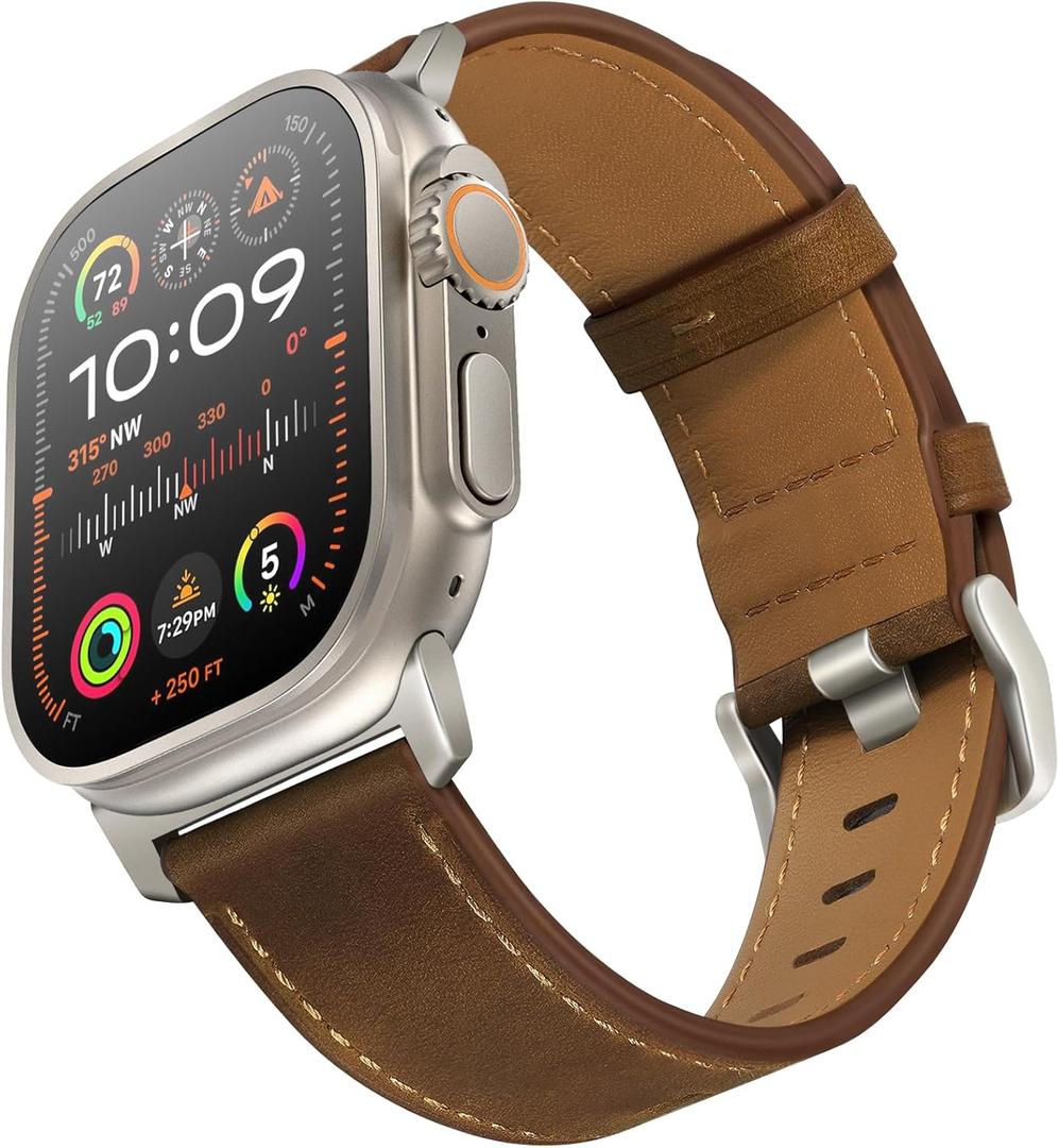 UUPWPOKT Leather Band Compatible with Apple Watch Band 42mm 41mm 40mm 38mm Men Women, Top Grain Genuine Leather Strap for iWatch Series 11 10 9 8 7 6 5 4 3 2 1 SE 3/2/1, Retro Dark Brown/Titanium
