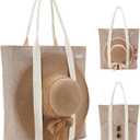 Large Beach Tote Bag with Zipper-Travel Tote Bag for Women with Sun Hat Holder Strap Boho Summer Beach Tote (Beige)