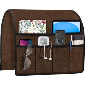 Joywell Recliner Organizer with 6 Pockets Armchair Caddy Remote Control Holder for Couch Armrest Organiser Non Slip Sofa Arm Chair Caddie Storage for Magazine, Tablet, Phone, iPad, Brown (19'' x 35'')