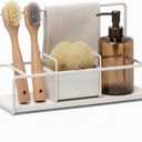 LIBKEN Kitchen Sponge Holder with Drying Stone Warm Grey Powder Coated Metal Sink Caddy Minimal Scandinavian Design Sponge Rack for Kitchen Sink Organization & Elegant Countertop Storage