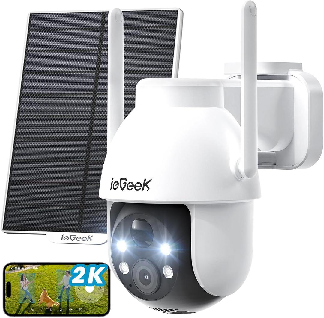 ieGeek Security Cameras Wireless Outdoor, 2K Solar WiFi Camera for Home Security System, Battery Powered Surveillance Cam with Solar Panel, 360 PTZ Color Night Vision, Motion Sensor, Works with Alexa