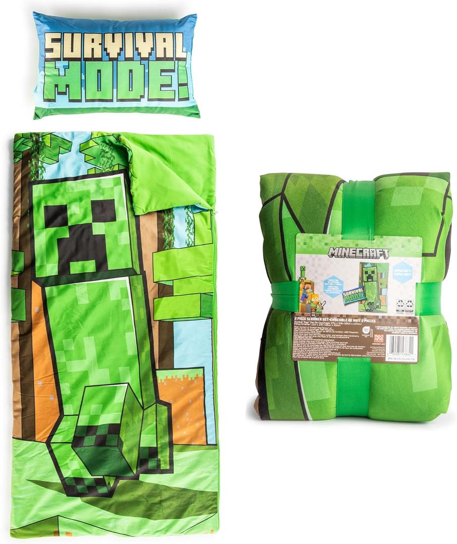 Jay Franco Kids Slumber Bag and Pillow - 54 x 27 Inch Comfy Indoor Sleeping Bag for School and Sleepovers, 2 Piece Set, Green - Minecraft