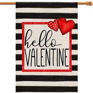 Hello Valentine Watercolor Stripes House Flag Love Heart Valentine's Day Holiday Anniversary Wedding Yard Outdoor Decoration 28x40 Inch Burlap Spring House Flag DF006-28